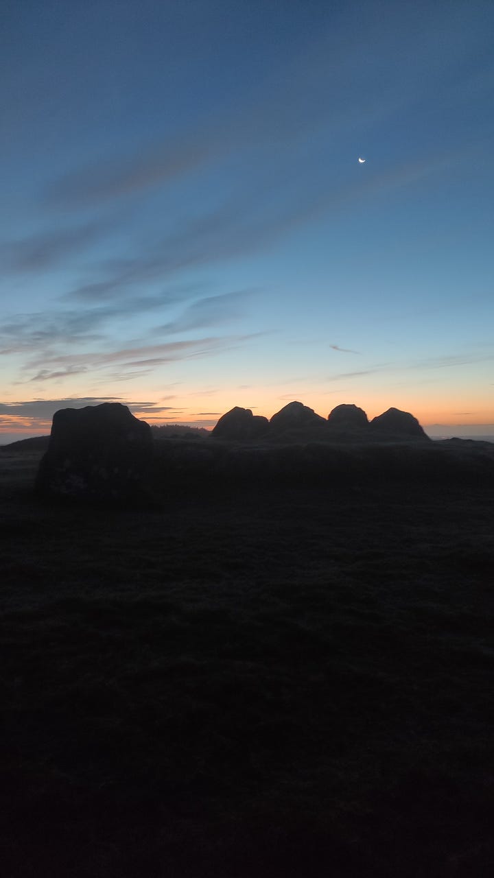 Photos of ancient stones and a passage tomb on the Cailleach's Mountain in Loughcrew