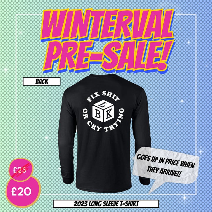 Winterval Sale photos of our new black long sleeve t-shirt, which says 'Fix Sht or Cry Trying' and our new black with rainbow print Voile straps.