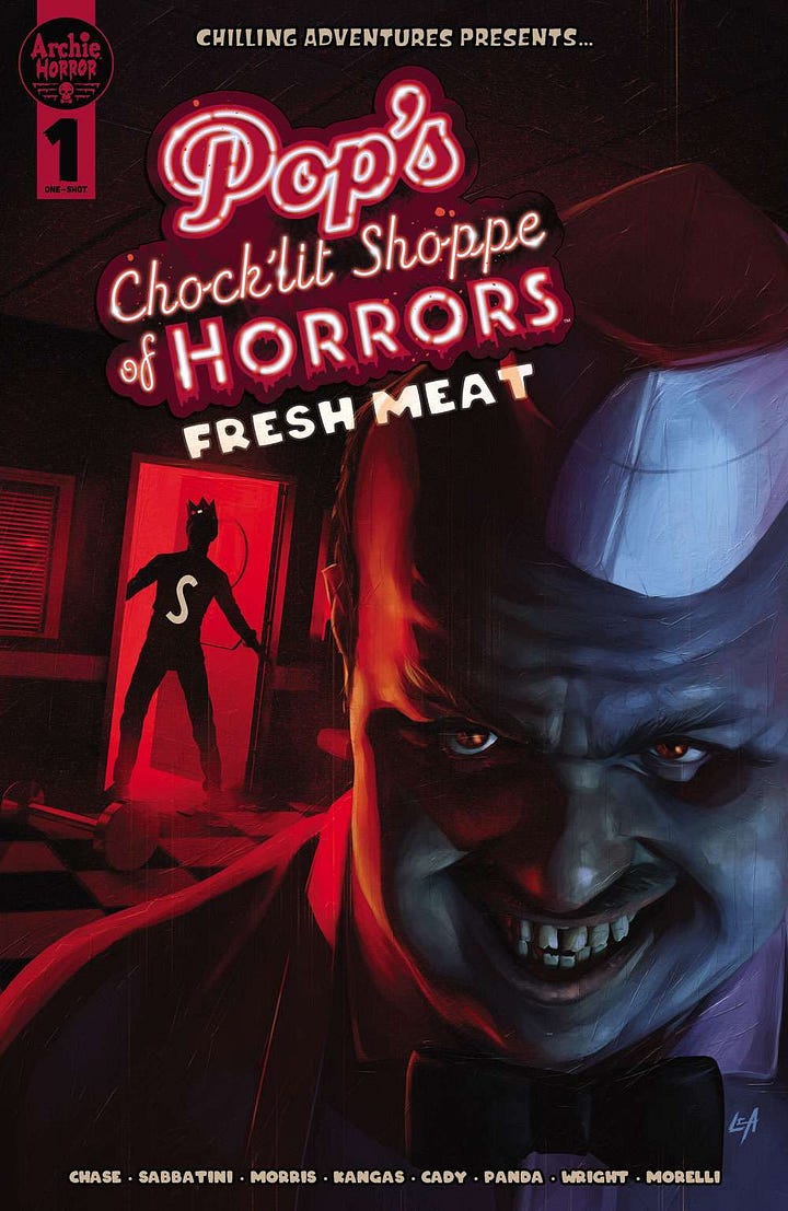 Pop's Chock'lit Shoppe of Horrors: Fresh Meat covers: One is a milkshake topped with an eyeball and diner food infested with insects against a green background- art by Adam Gorham. The other is a dramatically dark scene with red lighting, as Jughead Jones discovers Pop Tate with a sinister smile on his face- art by Aaron Lea.