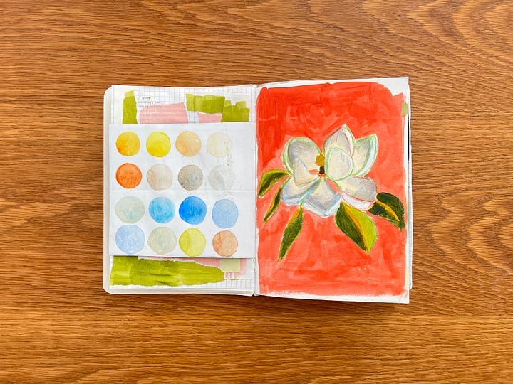 Sketchbook pages with magnolias created in acrylic paint