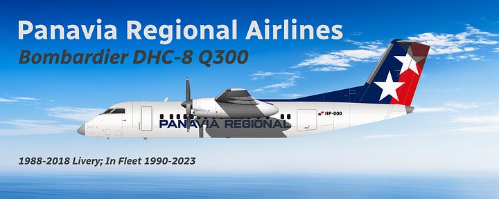 Panavia Bombardier Dash 8 Q300 in 1990-2018 livery (L) and 2018-2023 livery (R), both shown in side view.