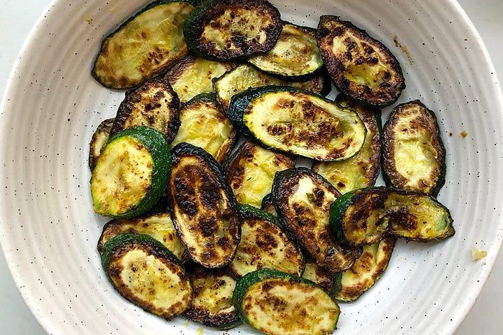 Grilled or pan-fried zucchini & garlicky basil tomatoes