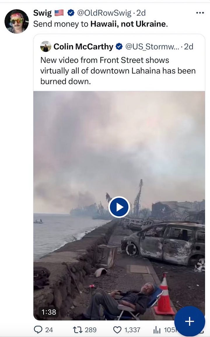 Still image from a video of the fires in Hawaii, showing a burning pile of rubble.