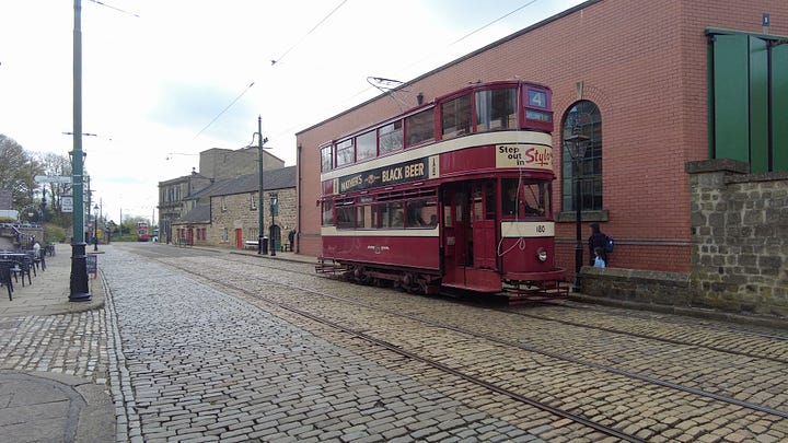 Blackpool 630 electric tram and the Leeds 180 electric tram at Crich Tramway Village, Crich, Derbyshire.  Image: Roland's Travels