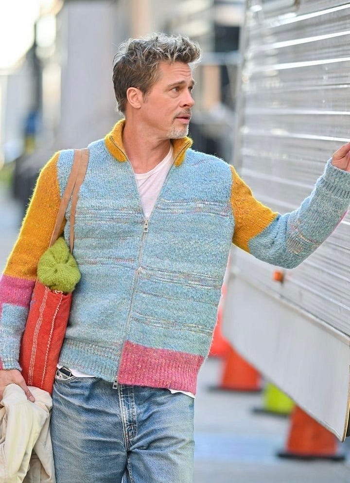 Brad Pitt chunky sweaters. Colorful sweaters.
