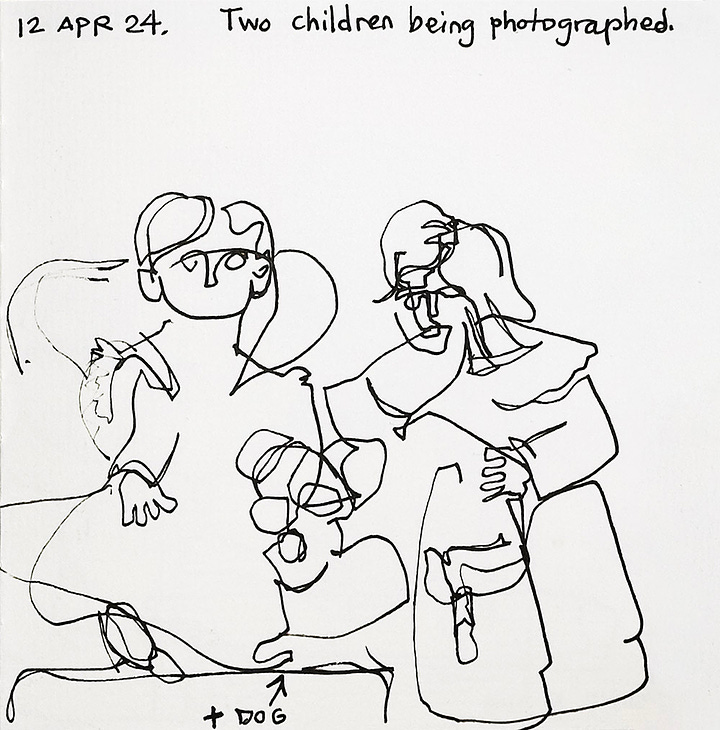 Two contour line drawings made from an antique studio portrait of two young children and their dog.