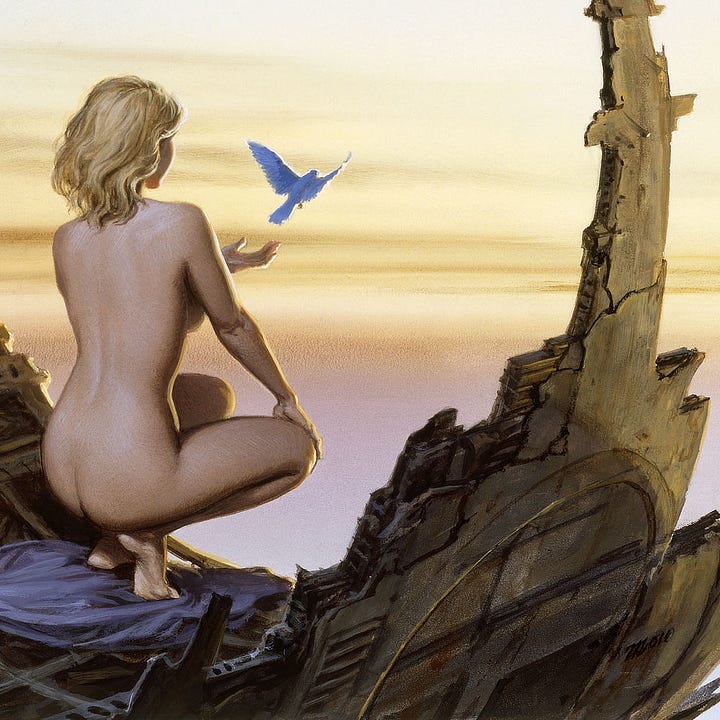 LEFT: Detail of the lower left of BLUEBIRD focusing on the decaying concrete structure that rounded forms a tunnel opening to placid skies. A woman with shoulder length blonde hair squats with knees out to release a bluebird. Her skin is bare to the sun as her clothes lay in a pile beneath her. RIGHT: Detail of the lower right of BLUEBIRD focusing on the perspective of placid skies from behind a blonde woman who releases a bluebird. Her skin is bare to the sun as her clothes lay in a pile beneath her.