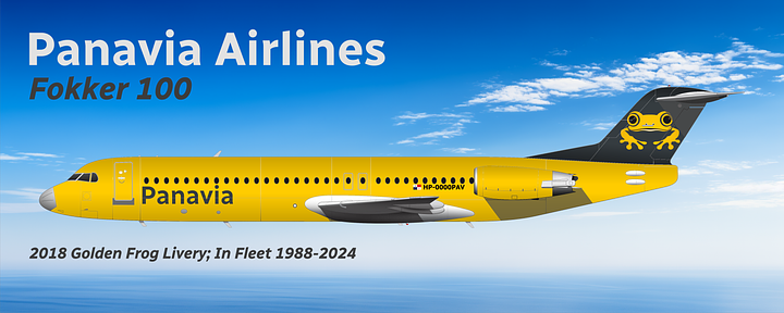 Panavia Fokker 100 in 1988-2018 livery (L) and 2018-2024 Golden Frog livery (R), both shown in side view.