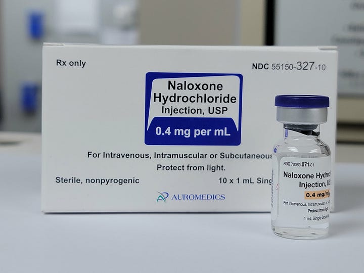 Narcan Nasal Spray and a vial of generic Naloxone