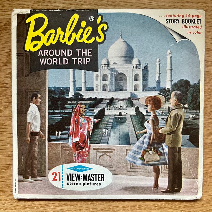 The covers of Barbie's Around the World View-Master packets. 