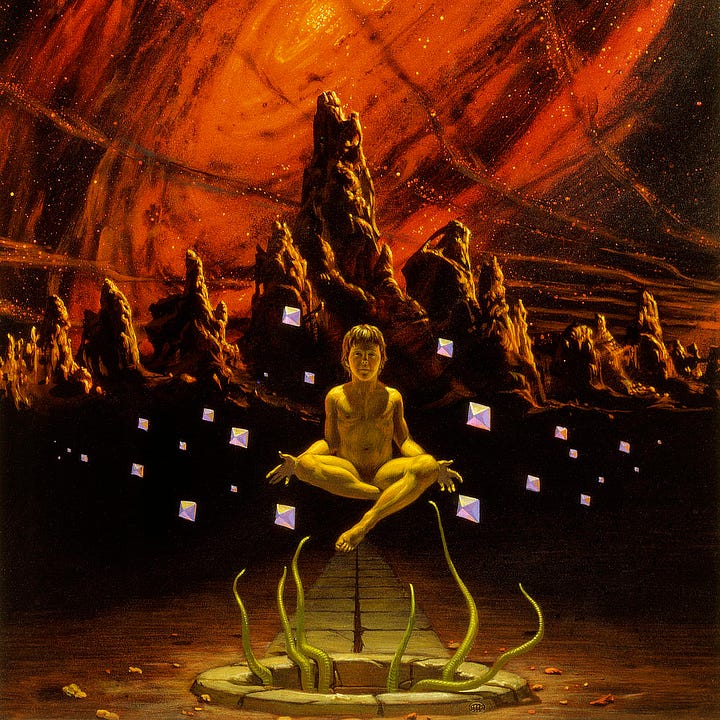 LEFT: Detail from ALEX featuring a boy hovering in a seated position surrounded by floating crystal octahedrons. His hands extend low and out at his side in a gesture that indicates he's controlling the objects. From a smooth circle of stones framing a well below him, slender green tentacles inch weightlessly upward. RIGHT: Close detail from ALEX featuring a naked boy surrounded by floating crystal octahedrons. He stares blankly forward as he hovers with hands out and palms open. His legs were crossed by one leg droops as if pulled out of position by gravity. Slender green tentacles extend from a flat stone well below him.