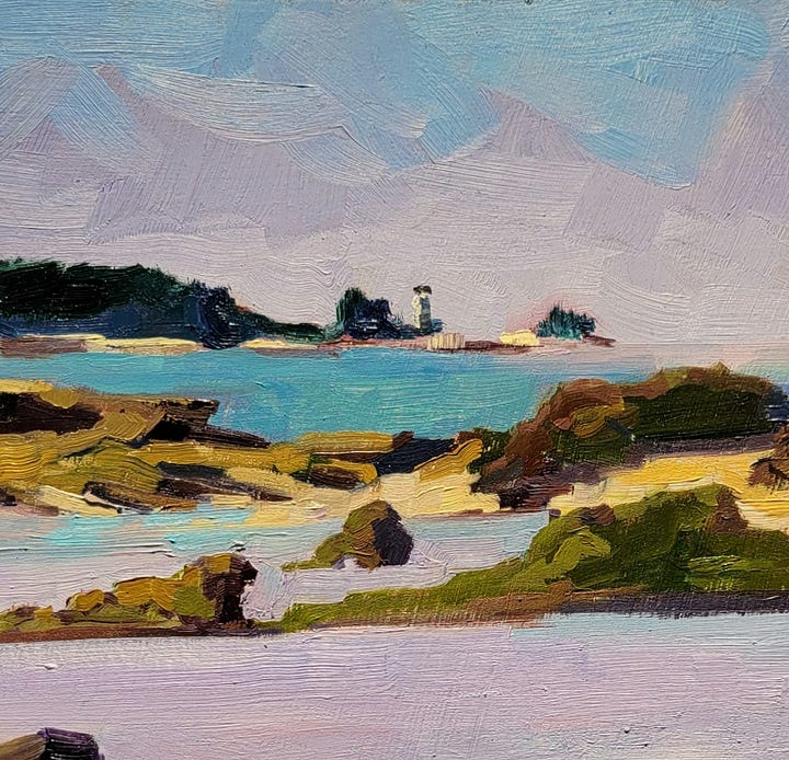 An oil painting of the rocks at Sand Beach and the artist messing up her painting.