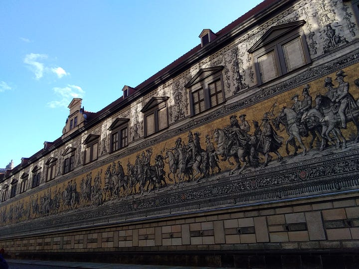 Images of Dresden, including Hellerau festival house and the longest mural in Europe.