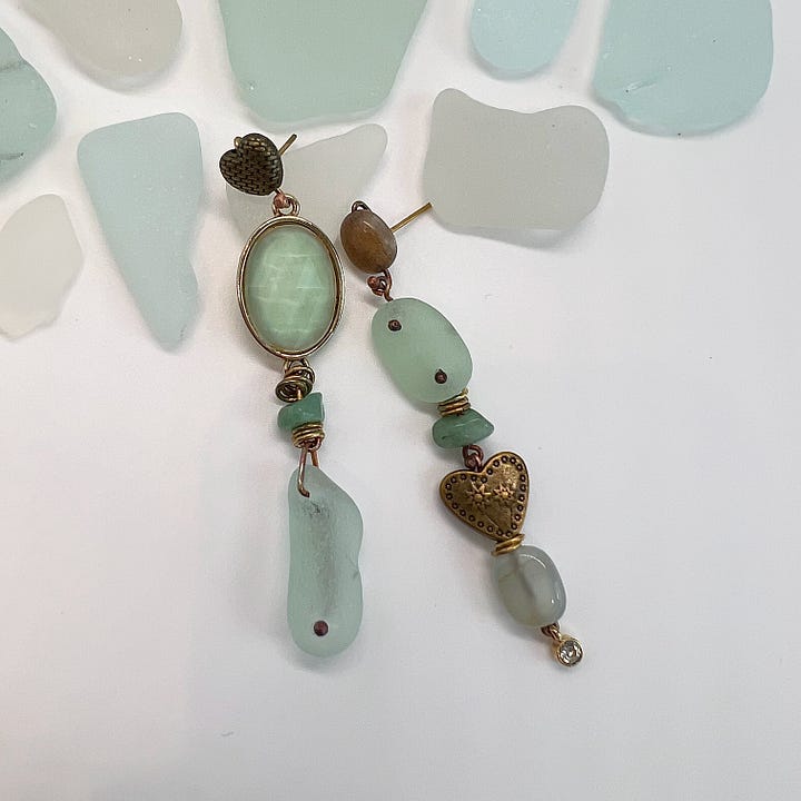 Green Mirror-Totem-Style Asymmetric Earrings with Vintage Elements-by Anita Chaperon
