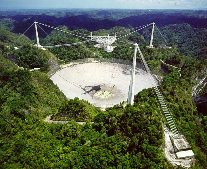 LEFT: Arecibo Observatory is set in forested mountains with the concrete bowl contrasting verdant green. Wires are run between three tall supports strung like a suspension bridge with an array of equipment dangling between the three on lines. RIGHT: The Arecibo Telescope during demolition process, December 2021. Credit: Tedder at Wikimedia Commons (https://commons.wikimedia.org/wiki/File:Arecibo_Telescope,_December_2021.jpg)