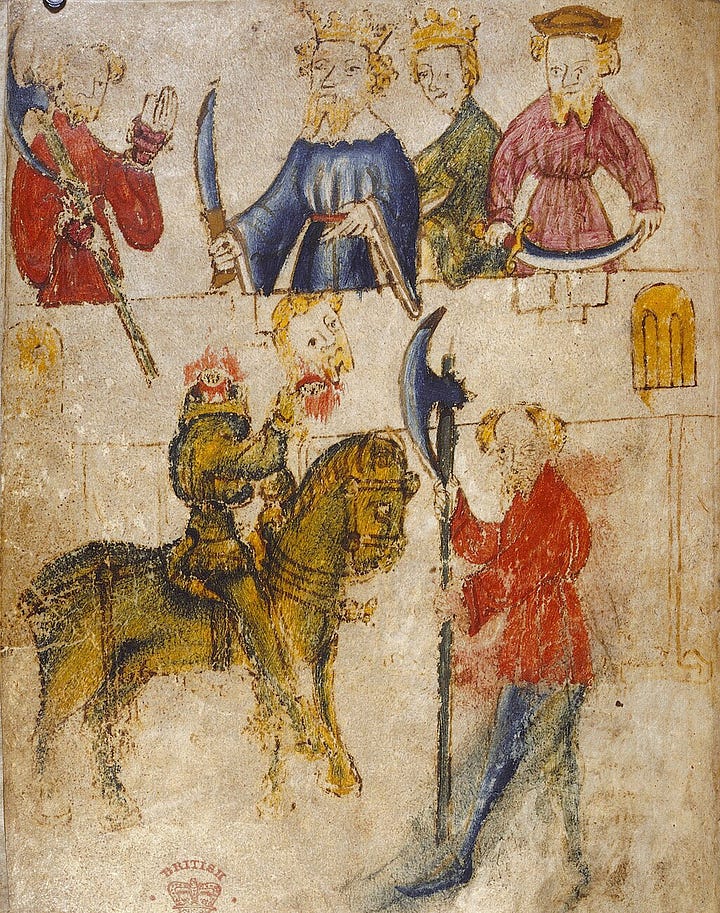 Manuscript images from Sir Gawain and the Green Knight. Depicting feasting at Camelot and the Green Knight with a severed head. 