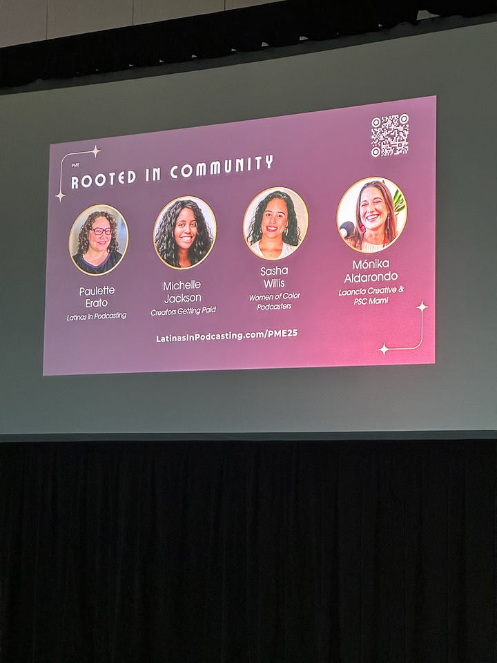 Picture one: 4 women of color standing on a conference stage posing for a picture. Second picture: a slide on screen featuring the 4 speakers under the words Rooted in Community.