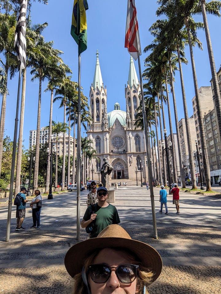 Clockwise from top left: Easter pilgrimage to the Sé; too many men at the Farol building; subway posers; Boteco do Urso bar.