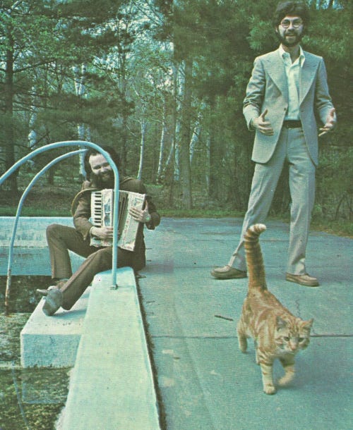 Garth Hudson with Robbie Robertson and a cat (left) and David Grubbs (right)
