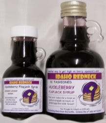 Huckleberry jam in three labels. Huckleberry syrup in Gallone bottles.