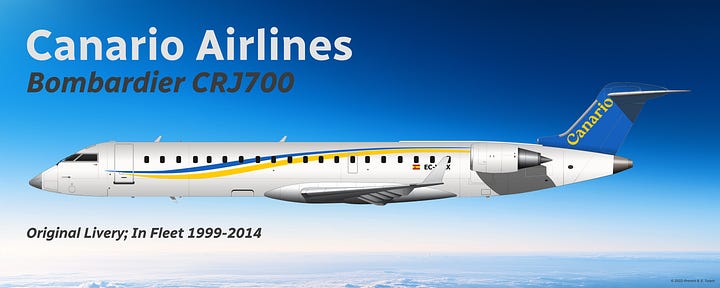 A selection of former Canario Airlines aircraft: 1) Airbus A320-200; 2) Airbus A321-200; 3) Bombardier CRJ200; 4) Bombardier CRJ700; 5) Bombardier CRJ900; 6) Embraer E175; and 7) Embraer E190 - all shown in side view.