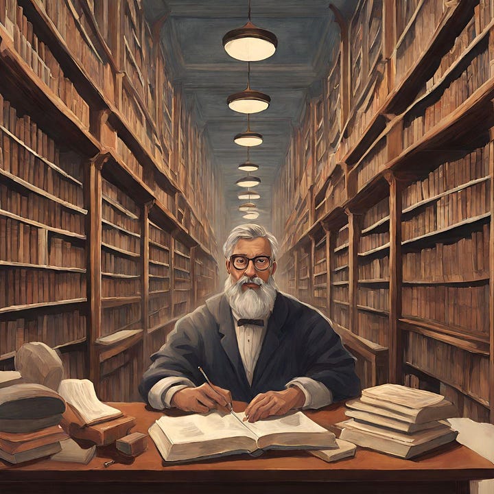 AI generated images of academic librarians, all bespectacled older white men