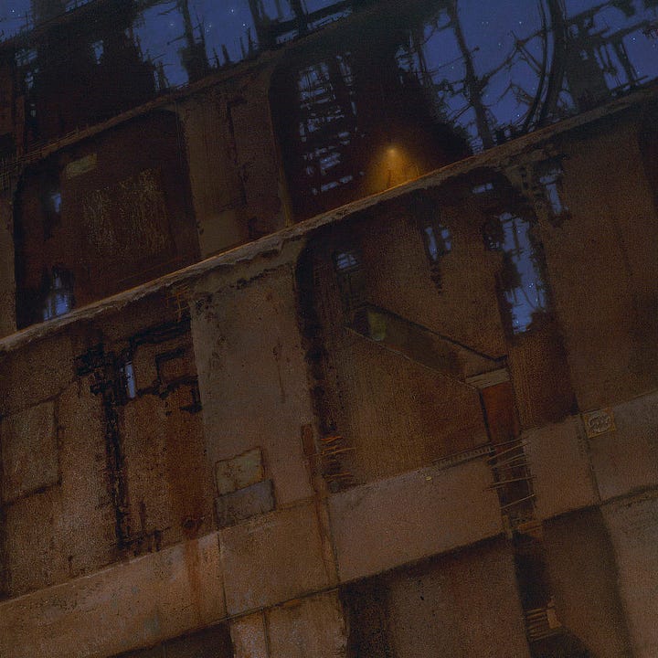 LEFT: Close detail from LE CHEMIN ALLUMÉE featuring a lower section of the same ramp. A small shack with angle roof and open door can be seen partway up. RIGHT: Close detail from LE CHEMIN ALLUMÉE featuring the top of the panel where the wall has eroded showing through to the cool blue night sky that is dotted with points of white.