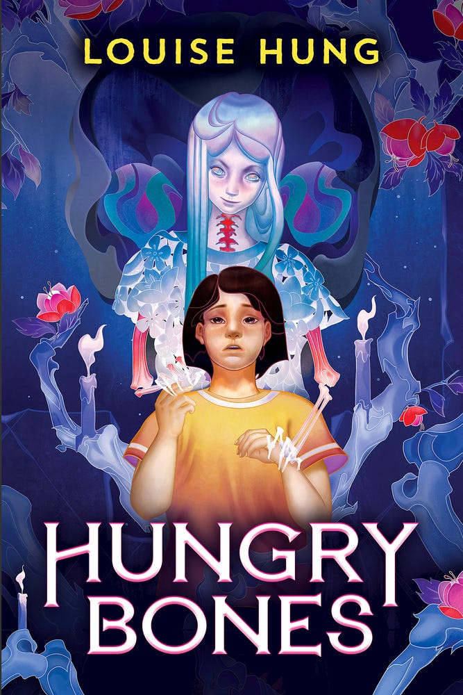 The covers of The Mouner's Bestiary by Eiren Caffall and Hungry Bones by Louise Hung