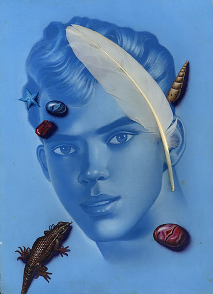 1) A blue portrait of a man's face is seen on a light blue canvas. He is surrounded by rocks, pebbles, a feather, a lizard, and a seashell. 2) An Asian man with short spiky hair is seen against a white background. His skin is a half orange and half blue gradient. He looks peaceful with his eyes closed. 3) A large face of a man is surrounded by different colored rulers and tape measures. His face is made of several different colors, like blue, green, white, orange, and pink. He has blue eyes and is staring straight ahead. 4) A large muscular Asian man with traditional Japanese tattooed arms and pecs is standing against a brown speckled background. He is wearing a necklace with a gold pendant, and he has a white rope bandana on his head. There is red and white, and blue and white tape in the top, and he is surrounded by yellow rope, some of which is in his mouth.