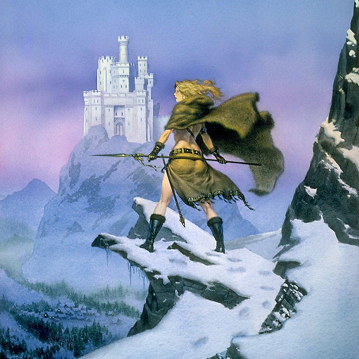 LEFT: Detail of a woman in fur cloak and short skirt standing on a snowy mountain outcrop overlooking a pristine white castle rising from a mountain peak in the distance. RIGHT: Album cover for DREAM QUEST ENDS by Smoulder