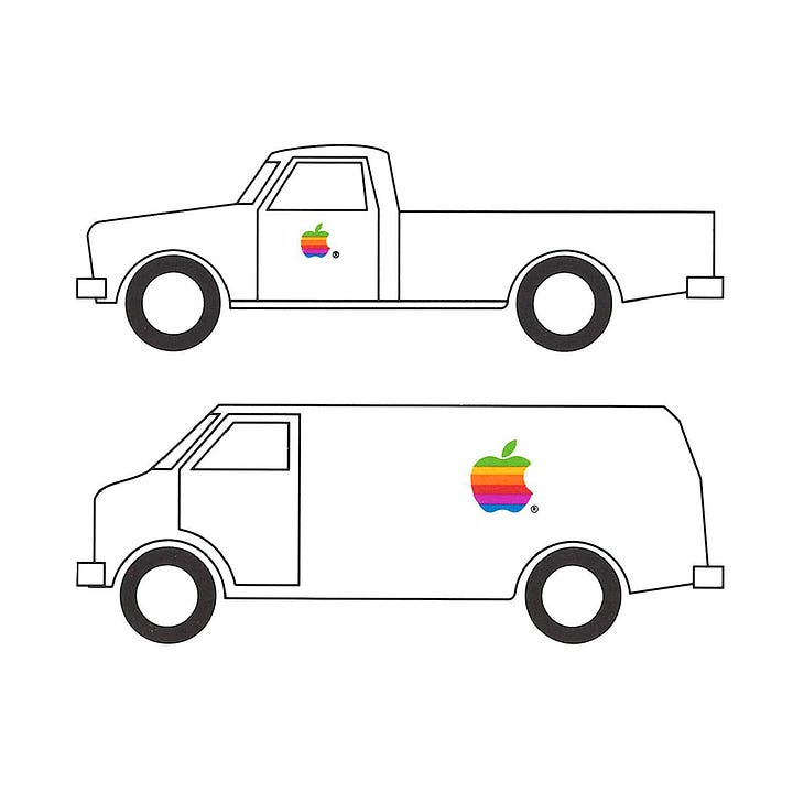 Apple, 1987 logo Rob Janoff, Japanese business card, bag, signage and van livery, LogoArchive Logo Histories