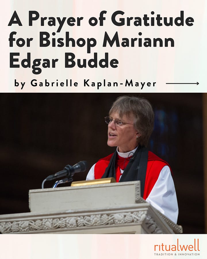 Rev. Budde in religious attire speaks at a podium with ornate carvings and a microphone.