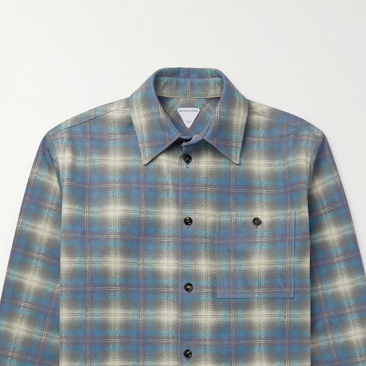 Four product images illustrating the text: a blue plaid button-down shirt, the collar of a light knit sweater, a pair of boots with one sole exposed, and a black leather and canvas bag.