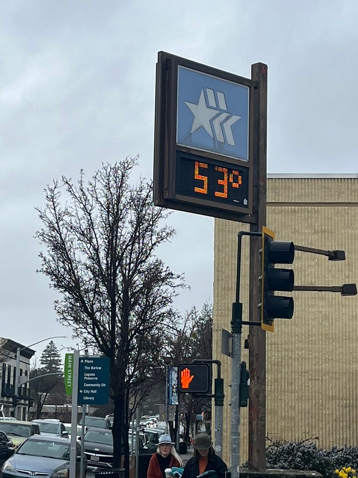 Westamerica Bank sign with time and temperature.