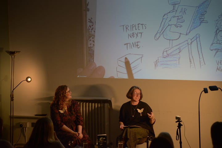 Top left. Sarah stands outside Live Theatre with Joe, Steph and Jess by a poster of her play. Sarah stands outsdie Northumbria University holding her Northern Writers Award certificate. Joe and Steph are onstage acting in Sarahs play at Live Theatre. Sarah is interviewing Caroline at the launch of Mothtown, while a screen behind them projects live illustrations by Chris.