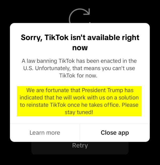 Message on TikTok During Shutdown and Message from Trump on TruthSocial