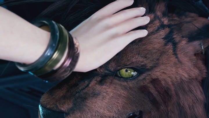 Shocked expression of Marlene and Red XIII upon being touched by Aerith.