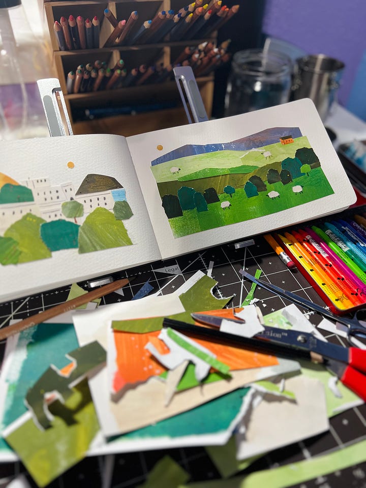Two photos of a collage in my sketchbook. The collage is a landscape of rolling green hills with grazing white sheep and an orange barn in the right corner. On my desk are paper scraps, scissors, and Caron Dache crayons.