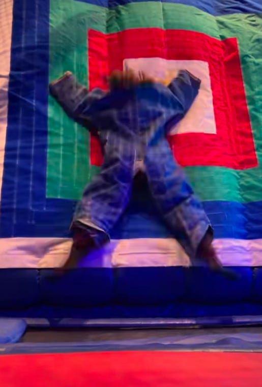 Two images of people in velcro suits stuck to a velcro wall
