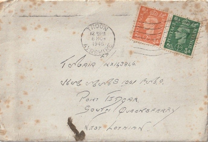 A handwritten envelope and letter written in 1946