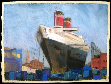 a pastel drawing of the SS United States surrounded by shipping containers and a nocturn painting of the same ship with trucks and a building in the foreground.