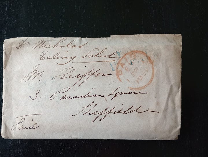 Envelope, dated September 1, 1851, from Dr. Nicholas, Ealing School to a Mr. [illegible], 3, Paradise Square, Sheffield, stamped PAID