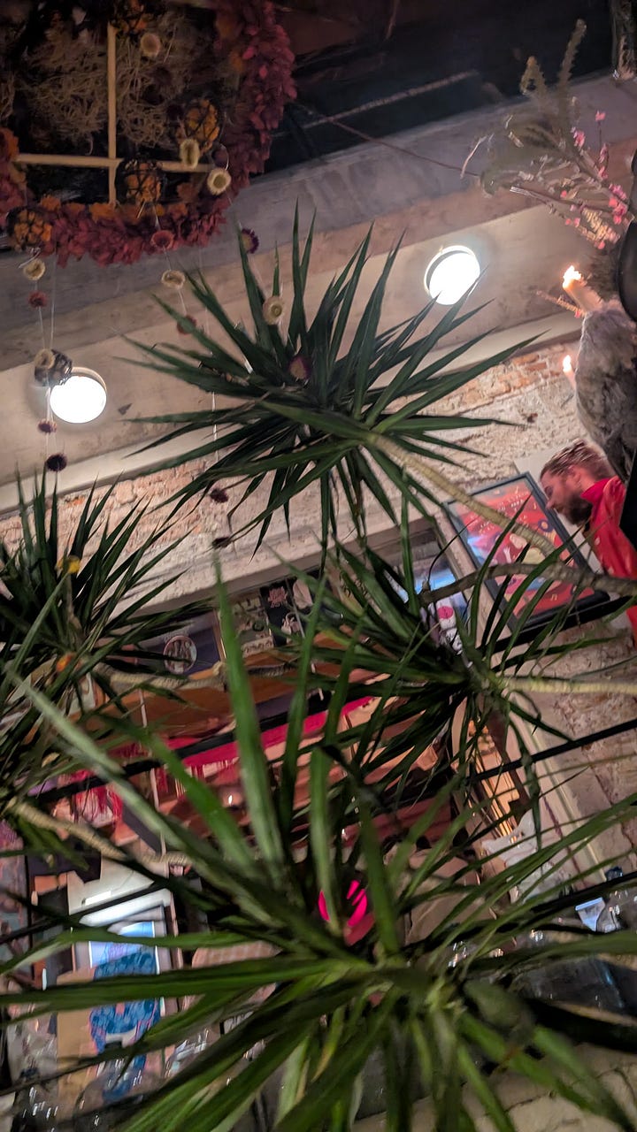 A rooftop turntable set. Dragon trees and art on a staircase.