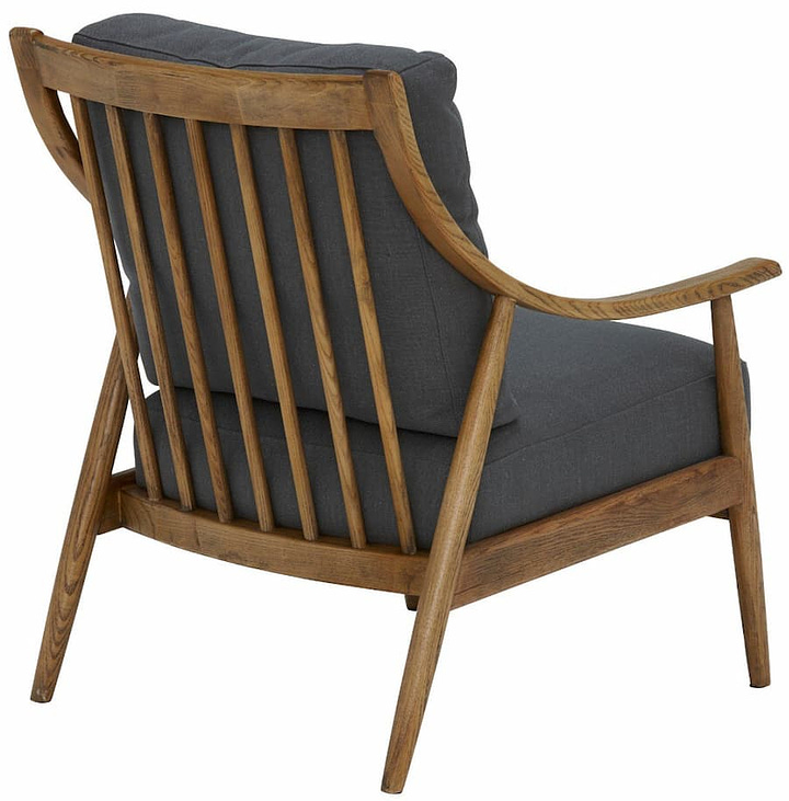 ercol inspired chair with spindle back in wood with grey cushions