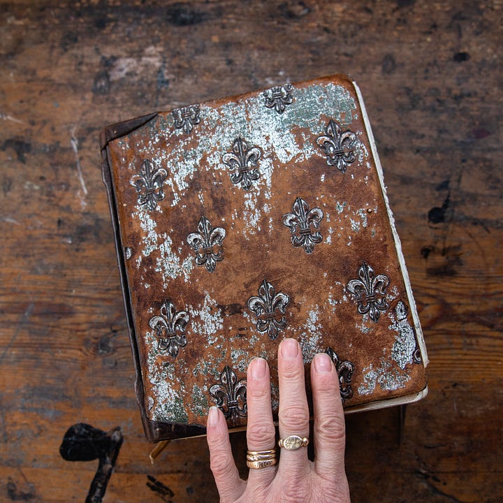 Old Handbound Journal Tome covered in antique fleur de lis leather from Amsterdam