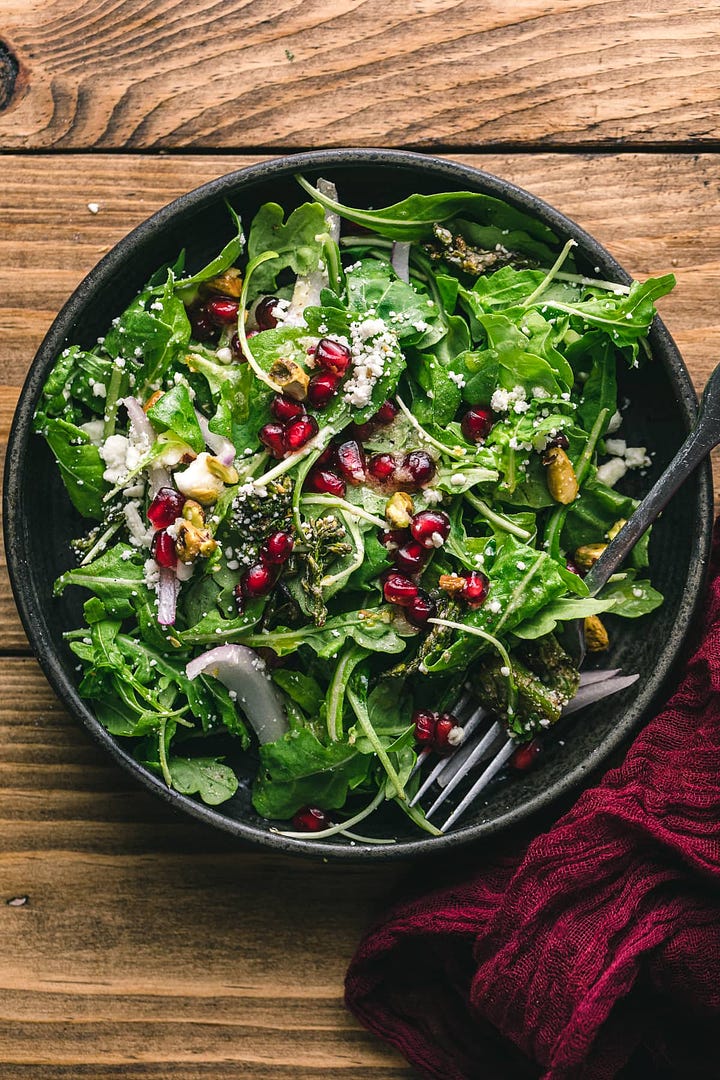 Fall Kale Salad and Pomegranate Feta Salad with Roasted Broccolini.