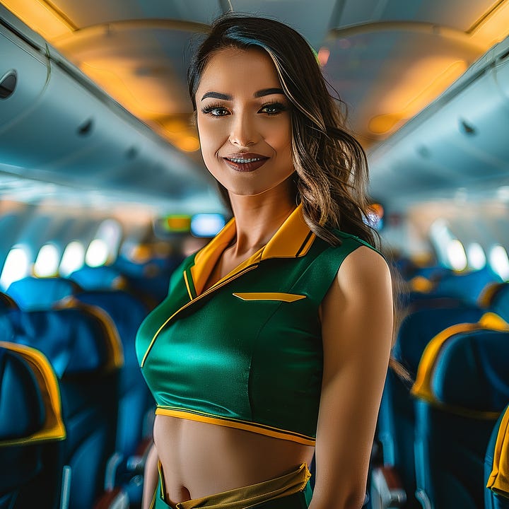 TransBrasil cabin crew uniform change: 1) Original 2010 version featuring crop top and short shorts; 2) More modest 2018 version.