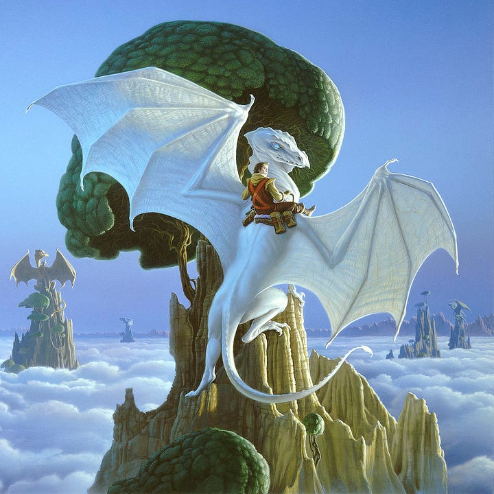 LEFT: Detail of white dragon with wings spread wide as it perches on a rock backed by clouds. RIGHT: Detail of dragons perching on rocky peaks for a conference in the clouds.