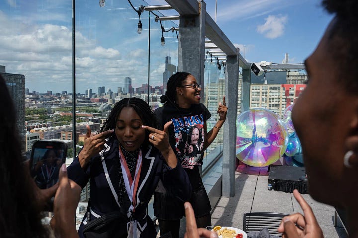 Image 1: Content creators from left, Kerry Robertson, Sari Beth Rosenberg, and Juan Acosta Macias, use cell phones in the United Center. Pablo Martinez Monsivais/AP. Image 2: Content creators were invited to a rooftop party in Chicago paid for by the Hub Project, a progressive nonprofit. Todd Heisler/New York Times. 