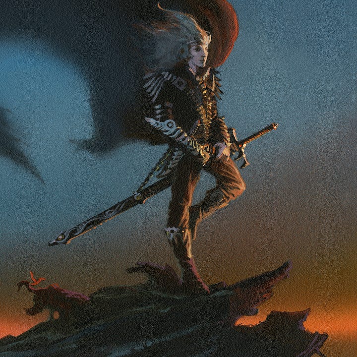 LEFT: Detail from SHADOW PRINCE featuring Elric dressed in black leather with silver accents tucking his thumbs into his belt. He stands on one leg with a foot propped on the inside of his opposite knee. He gazes off panel right lit by an unseen sunset. RIGHT: Detail from SHADOW PRINCE featuring the abstract shape of Elric’s cloak which suggests a bat-like demon. Its mouth is open with lower jaw jutting out and thin tongue showing against dusky sky in silhouette.